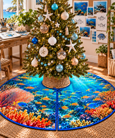 Reef Fish Hobby Studio Christmas Tree Skirt — Custom Nautical Holiday Skirt With Marine Life Design For Hobbyists, Made To Order