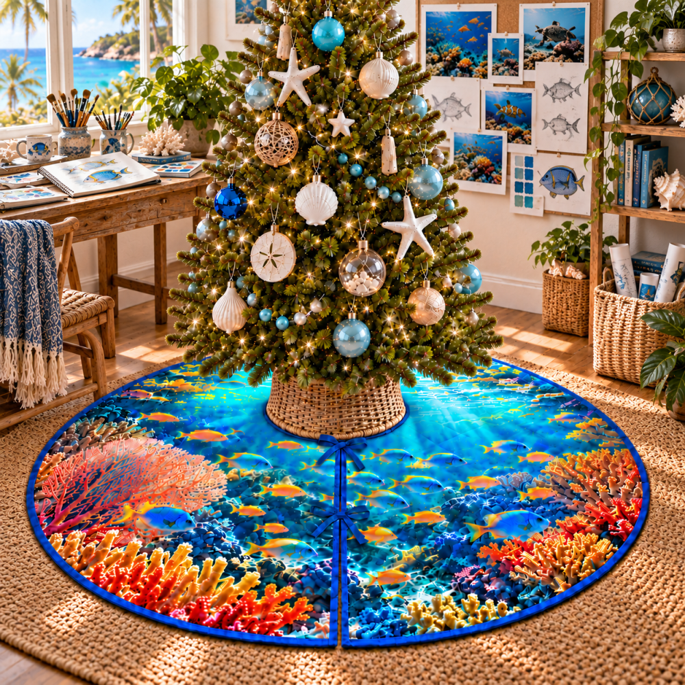 Reef Fish Hobby Studio Christmas Tree Skirt — Custom Nautical Holiday Skirt With Marine Life Design For Hobbyists, Made To Order