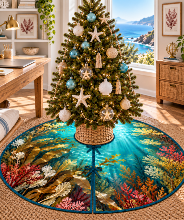 Botanical Seaweed Herbarium Holiday Tree Skirt — Ocean-Inspired Home Office Christmas Mat, Elegant Eco Fabric, Custom Fits & Fine Detail