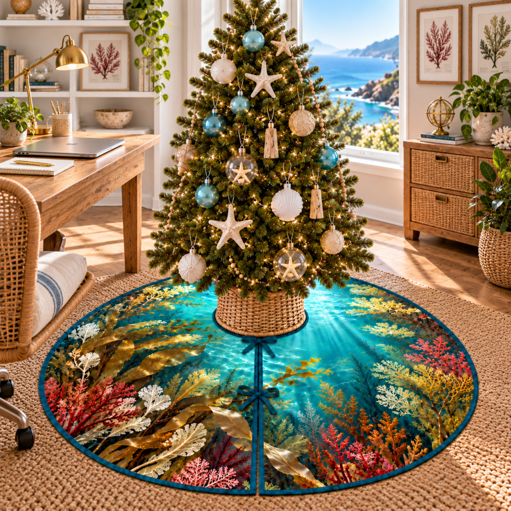 Botanical Seaweed Herbarium Holiday Tree Skirt — Ocean-Inspired Home Office Christmas Mat, Elegant Eco Fabric, Custom Fits & Fine Detail