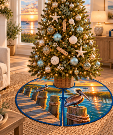 Coastal Pelican & Dock Housewarming Christmas Tree Skirt — Beach Cottage Holiday Mat, Unique Host Gift, Custom Fabric Options & Sizes