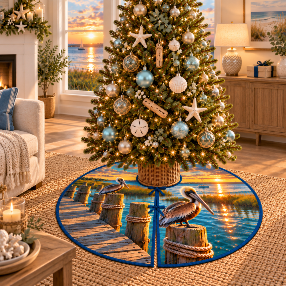 Coastal Pelican & Dock Housewarming Christmas Tree Skirt — Beach Cottage Holiday Mat, Unique Host Gift, Custom Fabric Options & Sizes