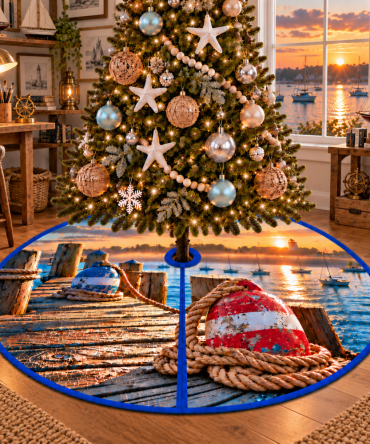 Handcrafted Nautical Buoy & Rope Christmas Tree Skirt — Coastal Holiday Mat, Durable Marine-Inspired Décor, Custom Sizes & Gift-Ready