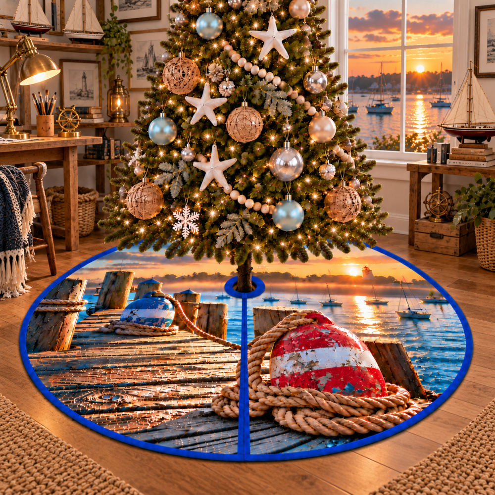 Handcrafted Nautical Buoy & Rope Christmas Tree Skirt — Coastal Holiday Mat, Durable Marine-Inspired Décor, Custom Sizes & Gift-Ready