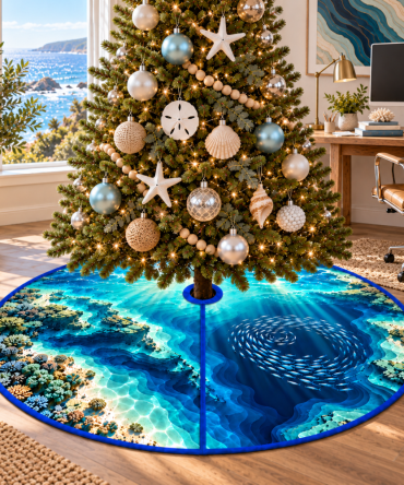 Ocean Depth Tree Skirt — Deep Sea Home Office Tree Skirt With Marine Life Illustrations For Coastal Workspaces