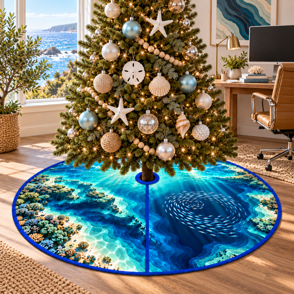 Ocean Depth Tree Skirt — Deep Sea Home Office Tree Skirt With Marine Life Illustrations For Coastal Workspaces