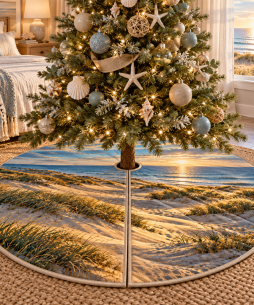 Coastal Dune Grass Tree Skirt — Serene Bedroom Tree Skirt With Beach Grass Print, Nautical Home Decor Accent