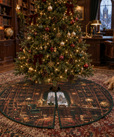 Dark Academia Library Tree Skirt — Elegant Home Office Tree Skirt With Vintage Bookplate Motifs For Scholarly Spaces