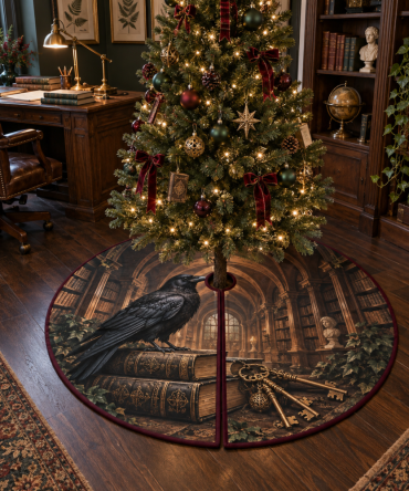 Raven Books & Vintage Keys Tree Skirt — Gothic Home Office Tree Skirt For Book Lovers, Dark Academia Decor Accent
