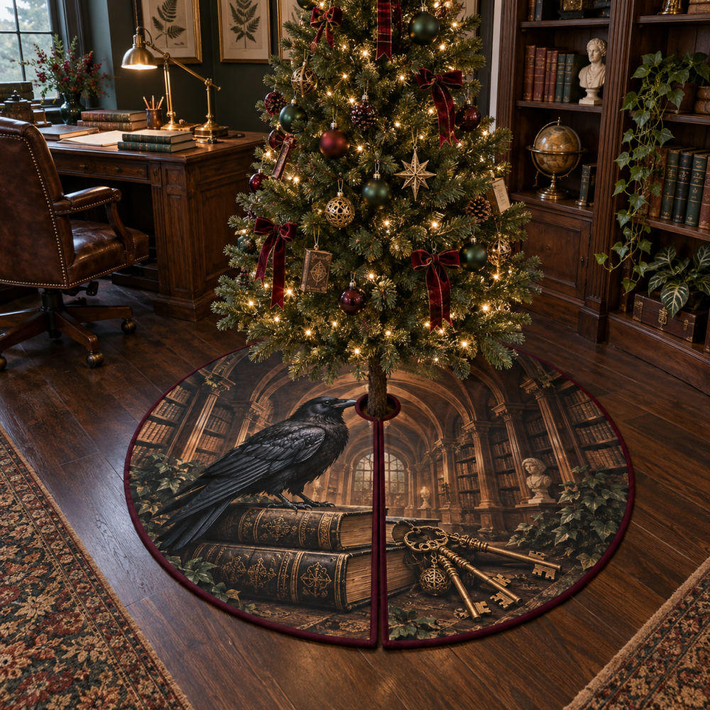 Raven Books & Vintage Keys Tree Skirt — Gothic Home Office Tree Skirt For Book Lovers, Dark Academia Decor Accent