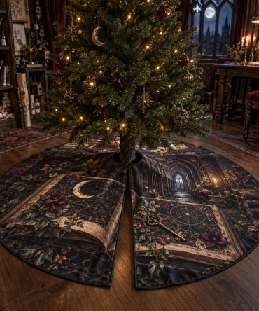 Gothic Grimoire Tree Skirt - Handmade Dark Fantasy Christmas Tree Skirt For Hobby Studios, Witchy Home & Gothic Decor