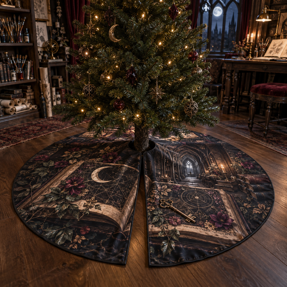 Gothic Grimoire Tree Skirt - Handmade Dark Fantasy Christmas Tree Skirt For Hobby Studios, Witchy Home & Gothic Decor