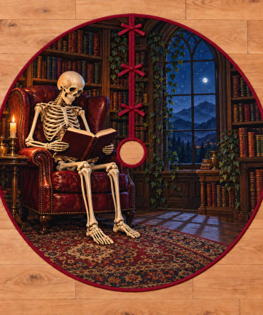 Skeleton Candlelight Library Gothic Tree Skirt — Dark Academia Holiday Base Cover With Candle & Skull Motifs, Plush Eerie Seasonal Décor