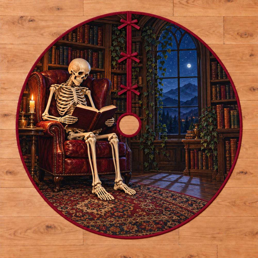 Skeleton Candlelight Library Gothic Tree Skirt — Dark Academia Holiday Base Cover With Candle & Skull Motifs, Plush Eerie Seasonal Décor