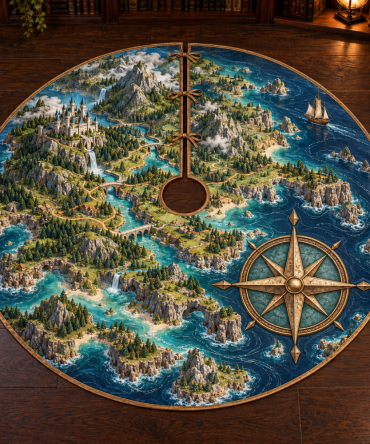 Fantasy Island Map Compass Tree Skirt — Nautical Adventure Holiday Mat With Vintage Map & Compass Design For Explorer-Themed Decor