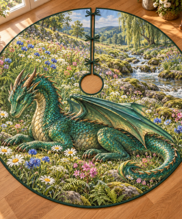 Emerald Dragon Wildflower Stream Holiday Tree Skirt — Jewel-Toned Dragon Motif With Floral Accents, Plush Festive Tree Base Cover