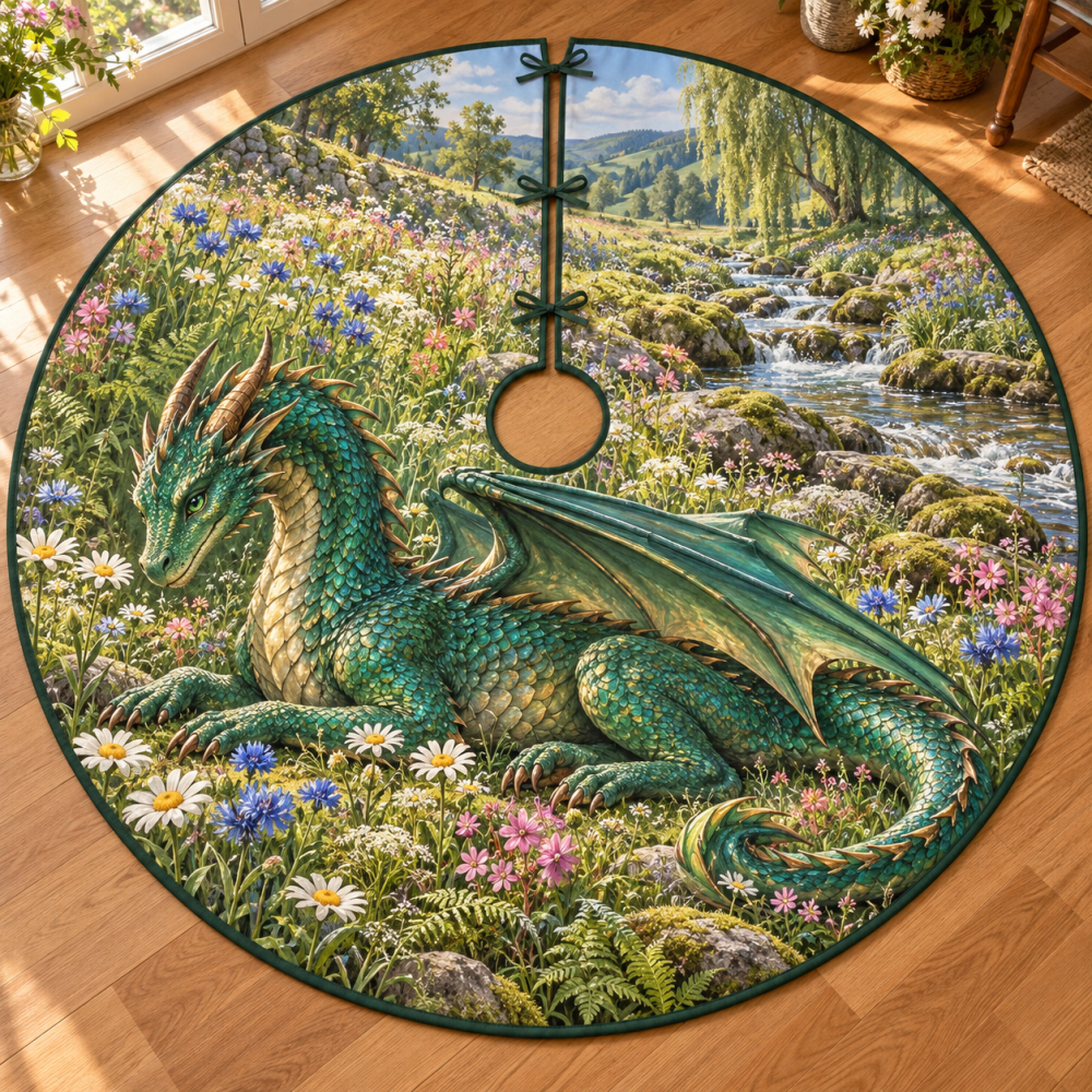 Emerald Dragon Wildflower Stream Holiday Tree Skirt — Jewel-Toned Dragon Motif With Floral Accents, Plush Festive Tree Base Cover