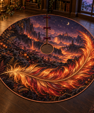 Phoenix Ember Feather Holiday Tree Skirt — Dramatic Red & Gold Plush Christmas Tree Base Cover, Firebird Motif, Luxurious Décor