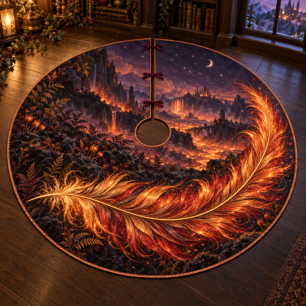 Phoenix Ember Feather Holiday Tree Skirt — Dramatic Red & Gold Plush Christmas Tree Base Cover, Firebird Motif, Luxurious Décor