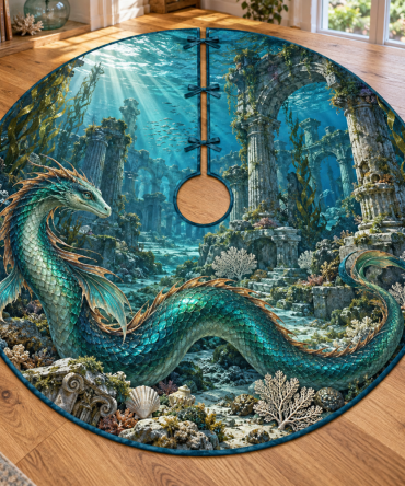Sunken Ruins Sea Serpent Holiday Tree Skirt — Nautical Mythic Design, Deep Marine Colors Plush Christmas Tree Base Cover