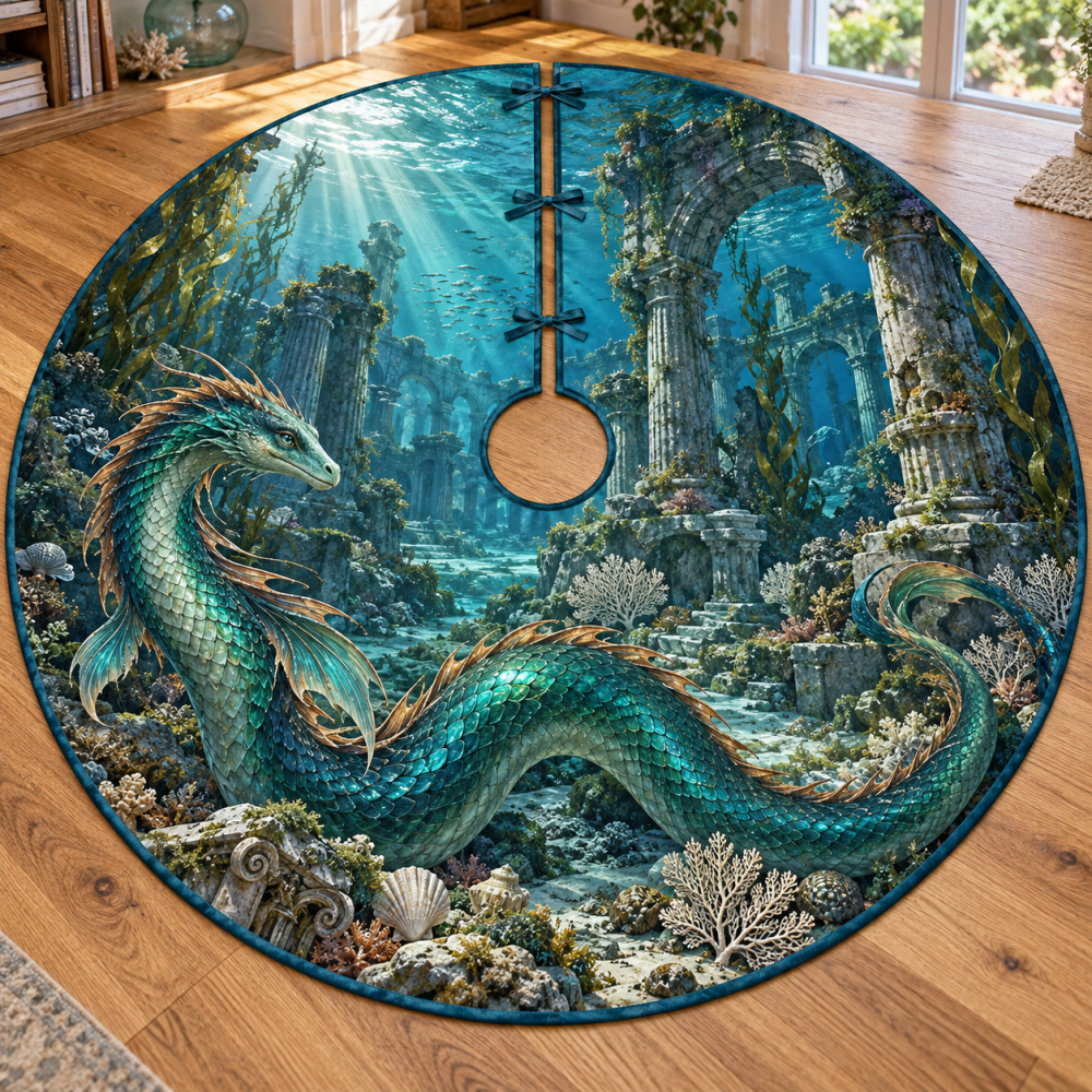 Sunken Ruins Sea Serpent Holiday Tree Skirt — Nautical Mythic Design, Deep Marine Colors Plush Christmas Tree Base Cover