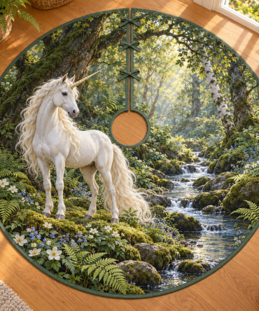 Unicorn Fernwood Stream Christmas Tree Skirt — Enchanting Pastel Plush Tree Base Cover With Forest & Stream Motif, Fairytale Decor