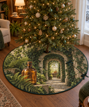 Amber Potion Fern Christmas Tree Skirt, Mystical Botanical Holiday Mat With Fern Motifs And Warm Amber Tones For Elegant Seasonal Decor