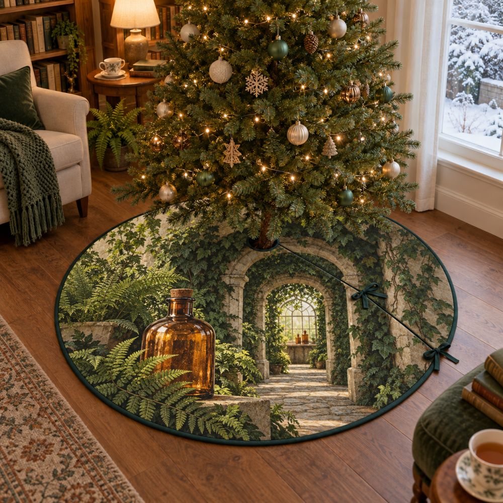 Amber Potion Fern Christmas Tree Skirt, Mystical Botanical Holiday Mat With Fern Motifs And Warm Amber Tones For Elegant Seasonal Decor