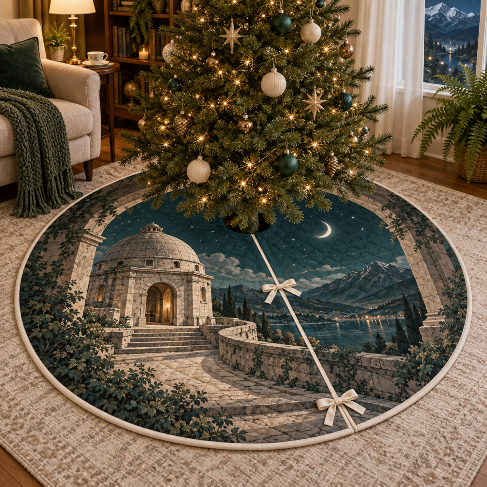 Ancient Observatory Christmas Tree Skirt, Vintage Astronomical Holiday Mat With Celestial Maps And Antiqued Design For Unique Seasonal Styling