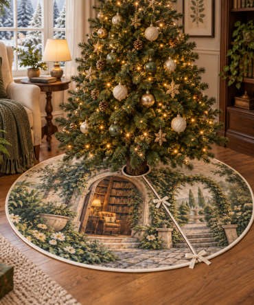 Secret Garden Library Christmas Tree Skirt, Enchanted Bookish Holiday Mat With Floral And Book Motifs For Cozy Literary Home Decor