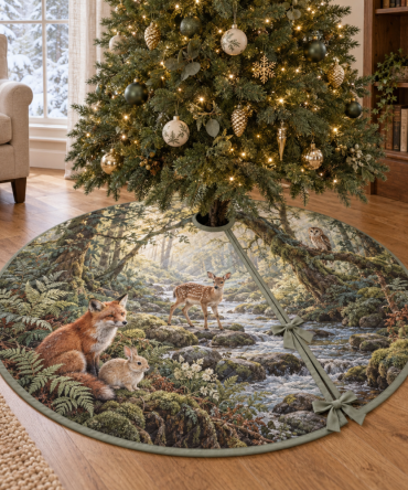 Woodland Creek Friends Christmas Tree Skirt, Cute Forest Animal Holiday Mat With Creek Scene And Soft Machine-Care Fabric