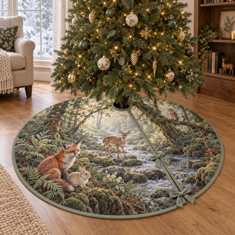 Woodland Creek Friends Christmas Tree Skirt, Cute Forest Animal Holiday Mat With Creek Scene And Soft Machine-Care Fabric