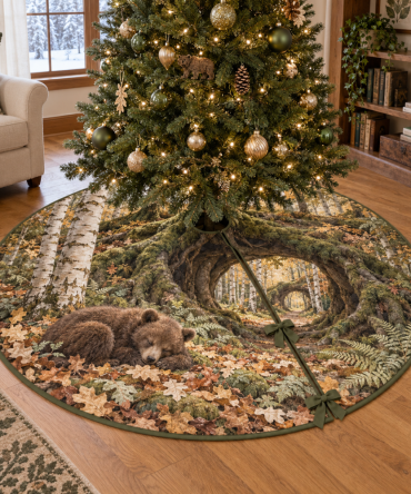 Sleeping Bear Root Arch Christmas Tree Skirt, Cozy Woodland Holiday Mat With Bear Motifs And Rustic Natural Tones For Family Decor