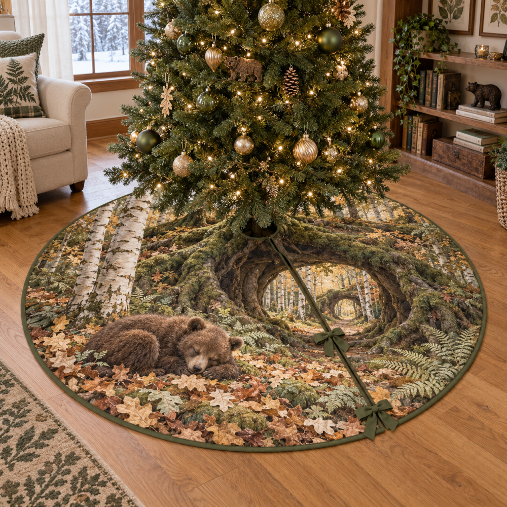 Sleeping Bear Root Arch Christmas Tree Skirt, Cozy Woodland Holiday Mat With Bear Motifs And Rustic Natural Tones For Family Decor