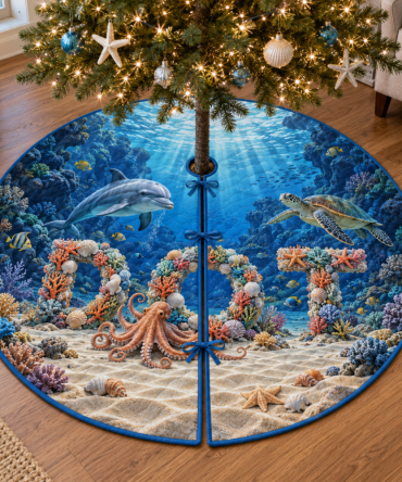 Ocean Animal Alphabet Christmas Tree Skirt, Educational Marine Abc Holiday Mat With Sea Creatures And Soft Durable Fabric