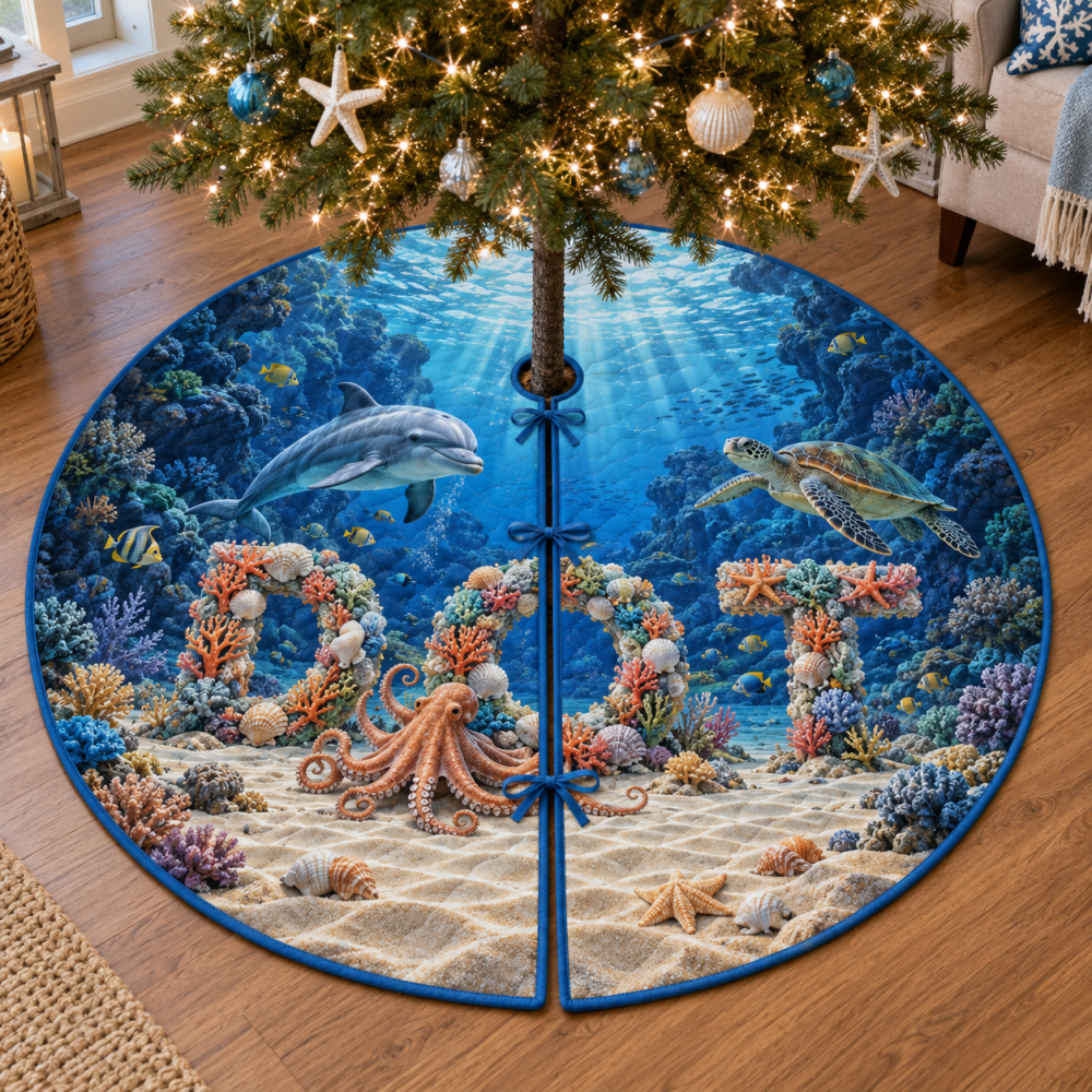 Ocean Animal Alphabet Christmas Tree Skirt, Educational Marine Abc Holiday Mat With Sea Creatures And Soft Durable Fabric