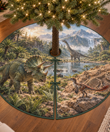 Dinosaur Discovery Christmas Tree Skirt For Kids, Prehistoric-Themed Holiday Mat With Colorful Dinosaurs And Soft Fabric