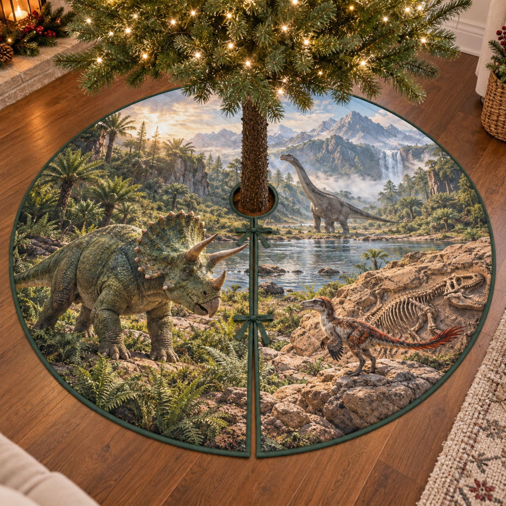 Dinosaur Discovery Christmas Tree Skirt For Kids, Prehistoric-Themed Holiday Mat With Colorful Dinosaurs And Soft Fabric
