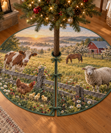 Charming Farm Animal Morning Christmas Tree Skirt, Barnyard-Themed Holiday Mat With Cute Animals And Durable Soft Finish