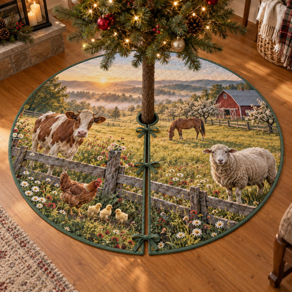 Charming Farm Animal Morning Christmas Tree Skirt, Barnyard-Themed Holiday Mat With Cute Animals And Durable Soft Finish