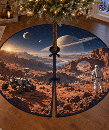 Space Explorer Planets Christmas Tree Skirt, Educational Solar System Holiday Mat With Rockets And Machine-Washable Fabric