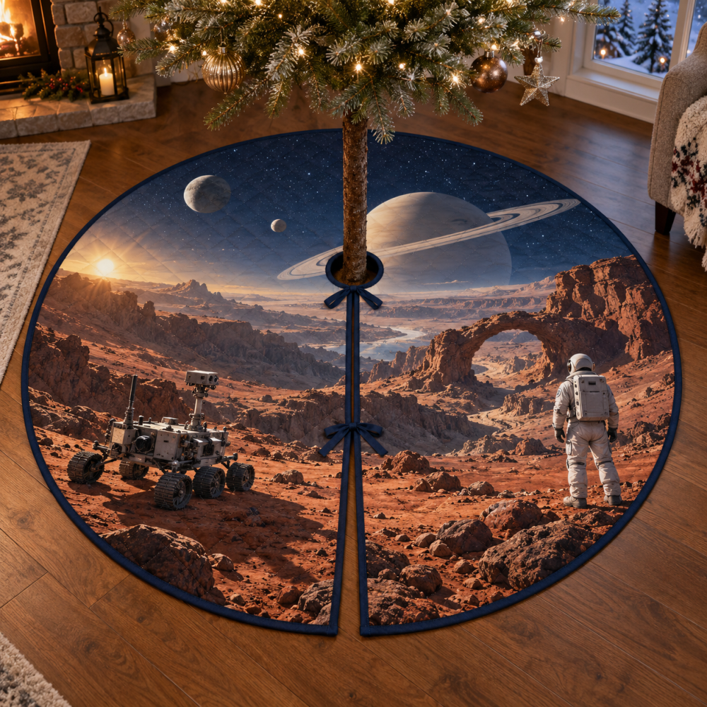 Space Explorer Planets Christmas Tree Skirt, Educational Solar System Holiday Mat With Rockets And Machine-Washable Fabric