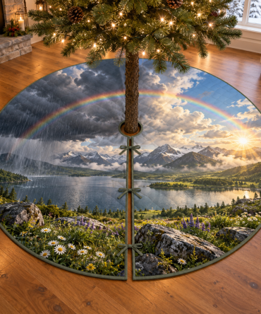 Bright Rainbow Weather Christmas Tree Skirt, Whimsical Clouds & Raindrops Kids Holiday Mat With Durable Soft Fabric