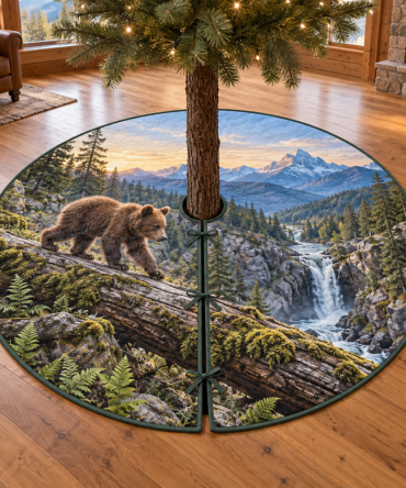 Mountain Bear Log Crossing Rustic Christmas Tree Skirt – Outdoorsy Bear & Log Scene, Heavy-Duty Quilted Fabric, Durable Holiday Tree Base Cover, Machine-Washable, Fits Most Trees