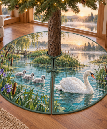 Elegant Swan & Reeds Serene Christmas Tree Skirt – Luxe Waterfowl Scene, Quilted Premium Fabric, Classic Holiday Tree Base Cover, Machine-Washable, Fits Most Trees, Ideal Gift