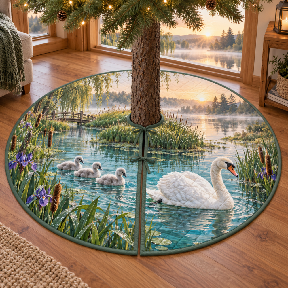 Elegant Swan & Reeds Serene Christmas Tree Skirt – Luxe Waterfowl Scene, Quilted Premium Fabric, Classic Holiday Tree Base Cover, Machine-Washable, Fits Most Trees, Ideal Gift