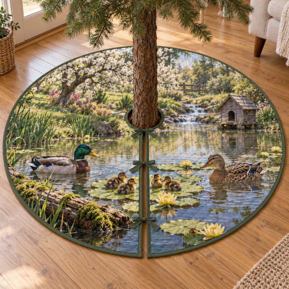 Duck Pond Friends Festive Christmas Tree Skirt – Cute Ducklings & Pond Scene, Thick Quilted Fabric, Durable Holiday Tree Base Cover, Machine-Washable, Family-Friendly, Fits Most Trees
