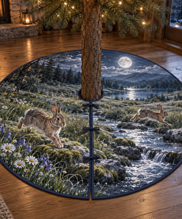 Bunny Moon Meadow Charming Christmas Tree Skirt – Whimsical Rabbit & Moon Meadow Scene, Soft Quilted Fabric, Cozy Holiday Tree Base Cover, Machine-Washable, Fits Most Trees