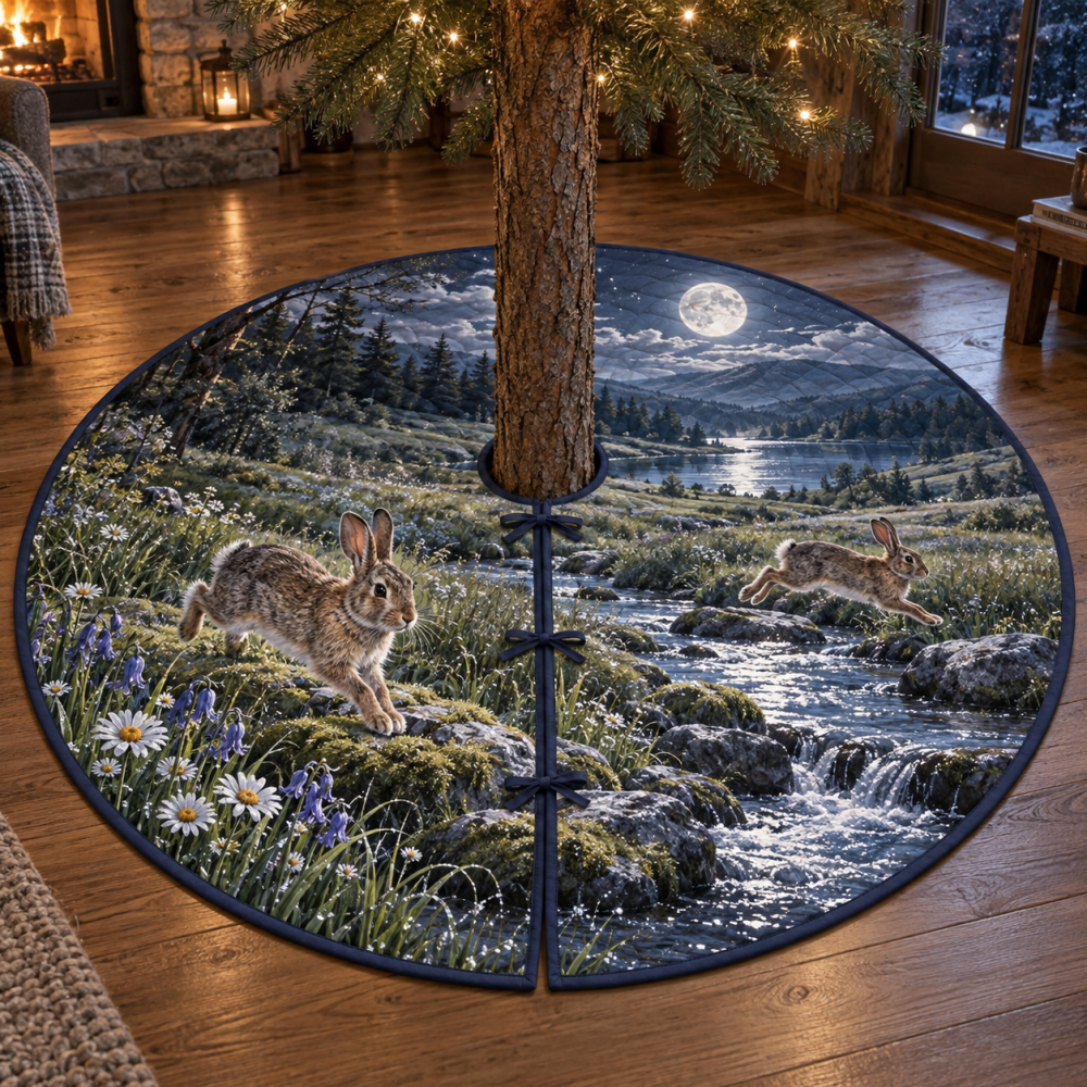 Bunny Moon Meadow Charming Christmas Tree Skirt – Whimsical Rabbit & Moon Meadow Scene, Soft Quilted Fabric, Cozy Holiday Tree Base Cover, Machine-Washable, Fits Most Trees