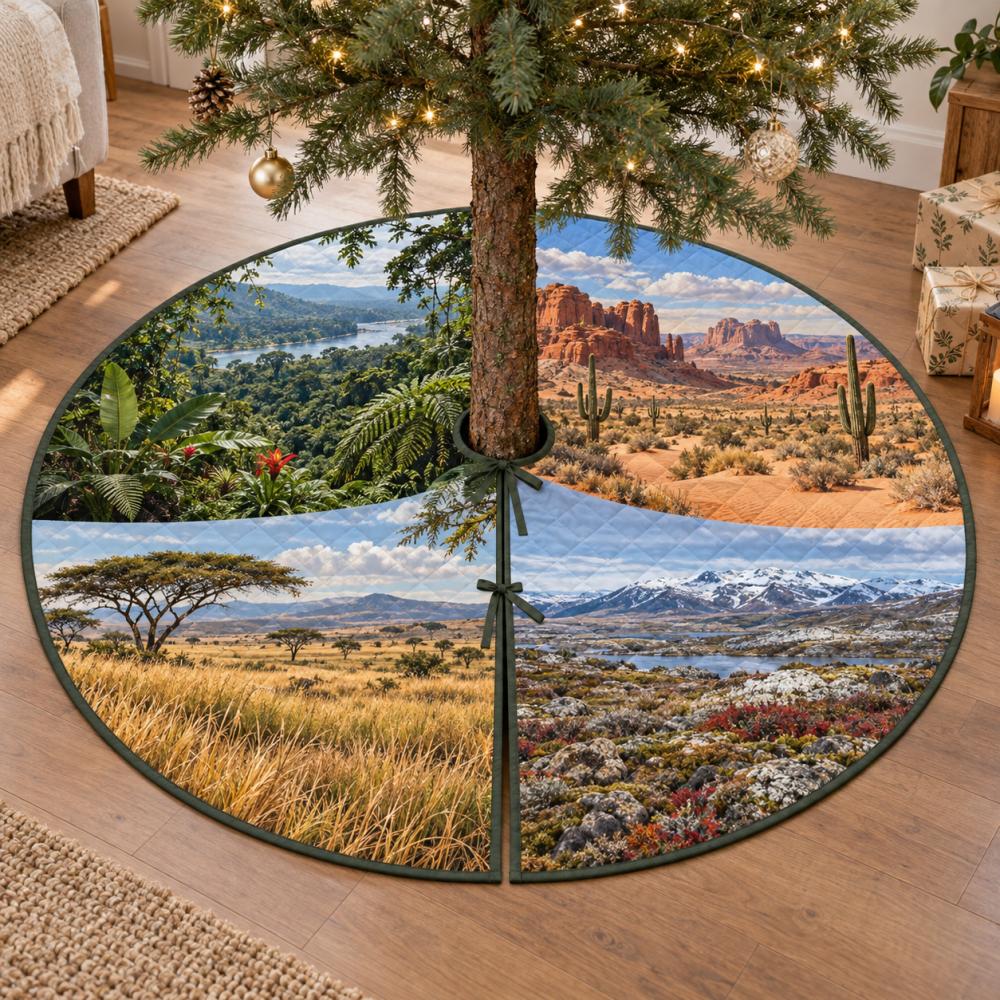 World Biomes Educational Christmas Tree Skirt – Illustrated Global Habitat Map, Stem Learning Holiday Decor, Durable Quilted Tree Base Cover, Machine-Washable, Fits Most Trees